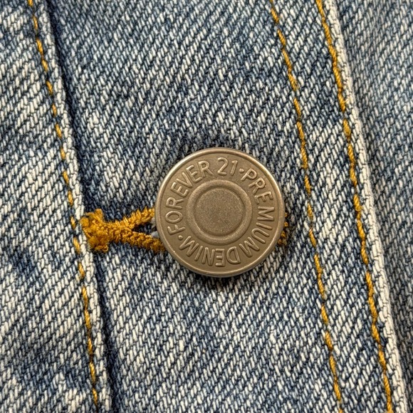 Forever 21 Premium Denim Jacket Women XL Blue Good Asymmetrical Utility Boxy - Picture 3 of 12